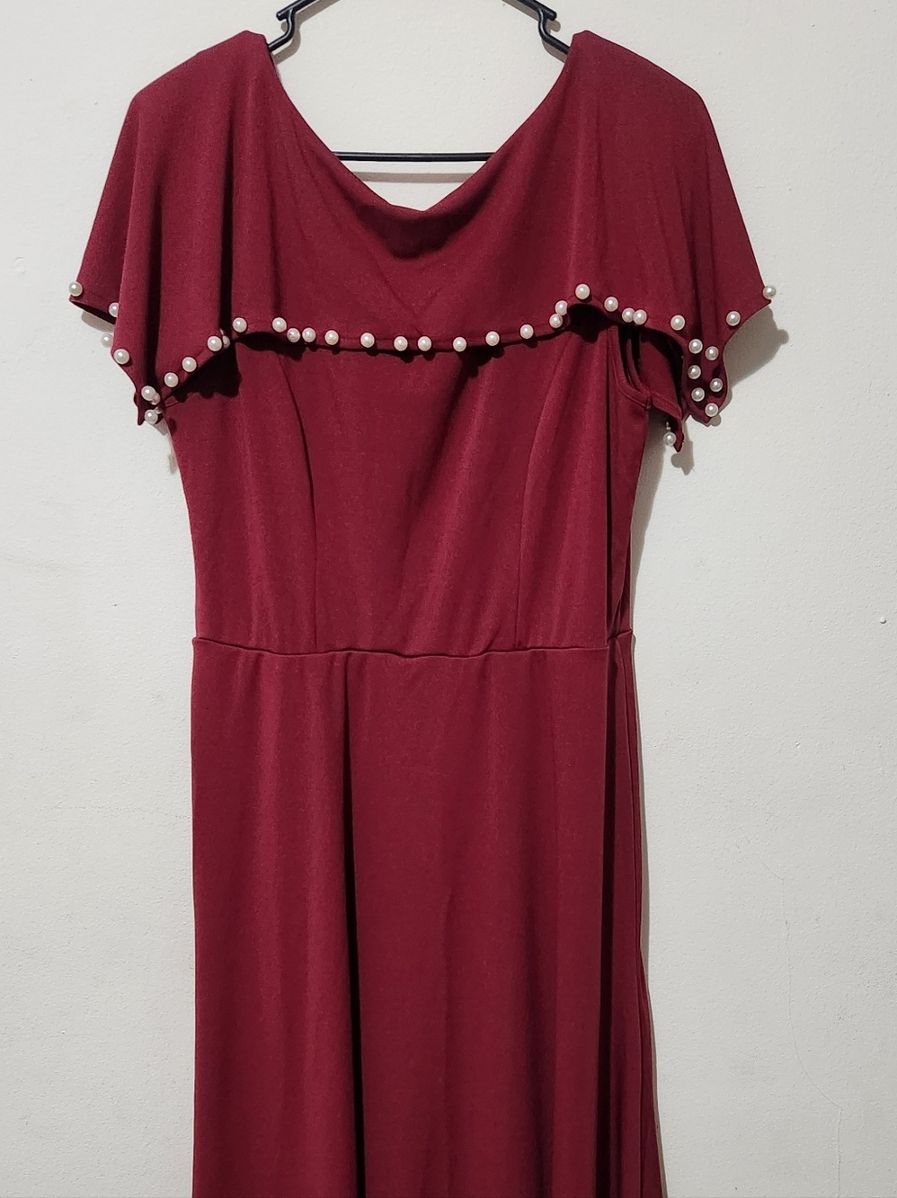 Elegant Long Maroon Pearl-Trim Maxi Dress - Women